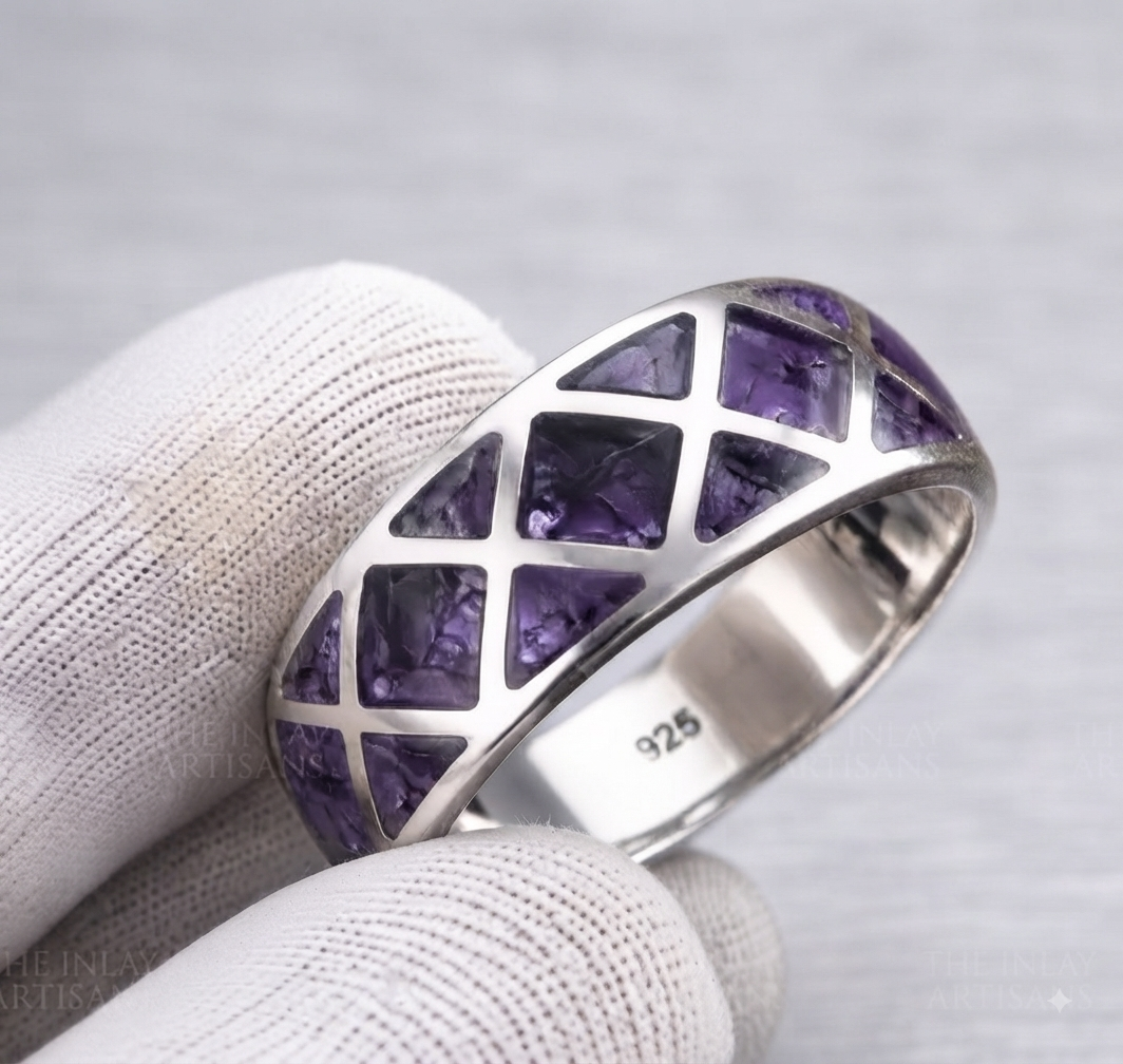 Natural Amethyst Square Block Inlay Solid Band Ring|| Unisex Inlay Ring in 925 Sterling Silver|| Multi Stone Inlay Band| Geometrical Jewelry