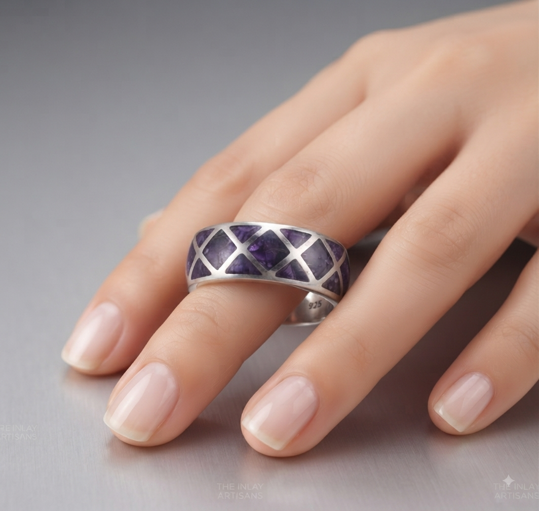 Natural Amethyst Square Block Inlay Solid Band Ring|| Unisex Inlay Ring in 925 Sterling Silver|| Multi Stone Inlay Band| Geometrical Jewelry
