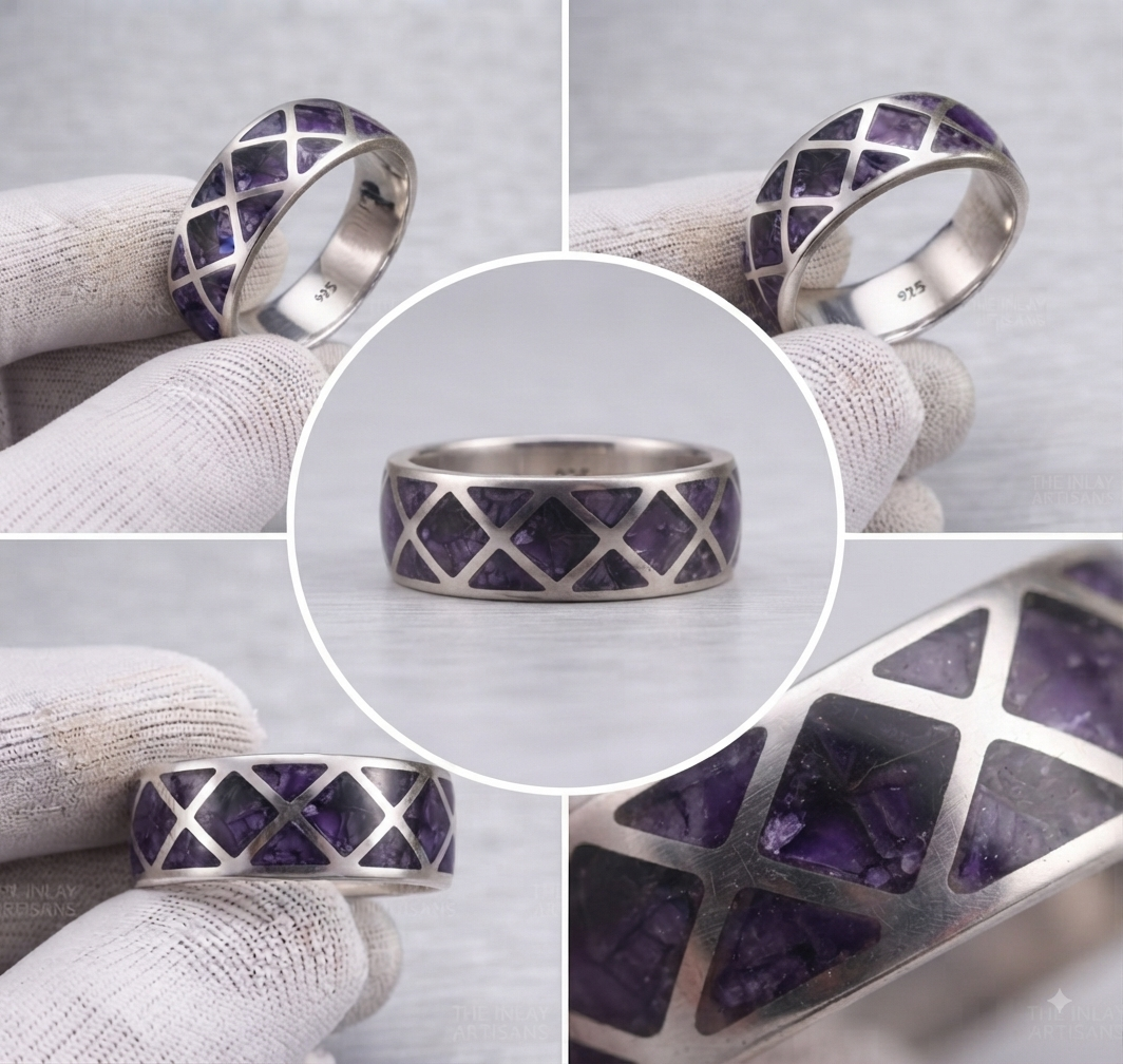 Natural Amethyst Square Block Inlay Solid Band Ring|| Unisex Inlay Ring in 925 Sterling Silver|| Multi Stone Inlay Band| Geometrical Jewelry