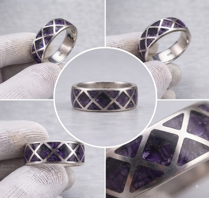Natural Amethyst Square Block Inlay Solid Band Ring|| Unisex Inlay Ring in 925 Sterling Silver|| Multi Stone Inlay Band| Geometrical Jewelry